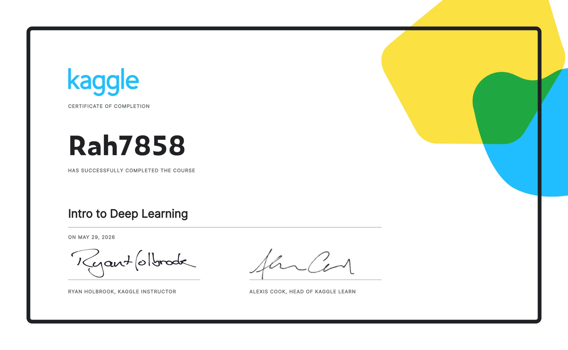 Intro to Deep Learning certificate earned by Rahul Kumar