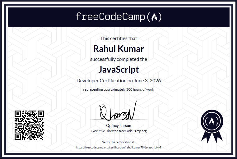 JavaScript Developer Certification certificate earned by Rahul Kumar