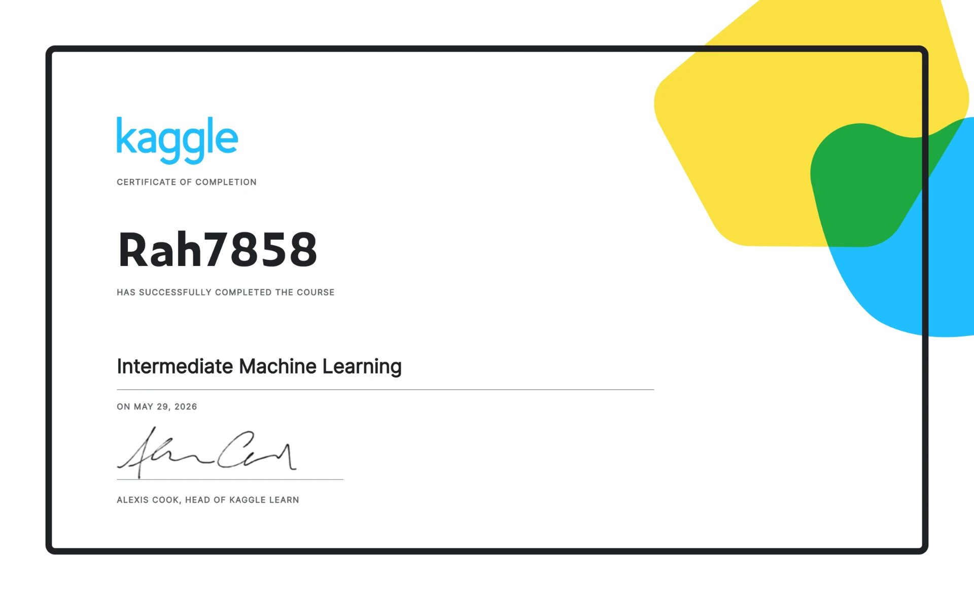 Intermediate Machine Learning certificate earned by Rahul Kumar