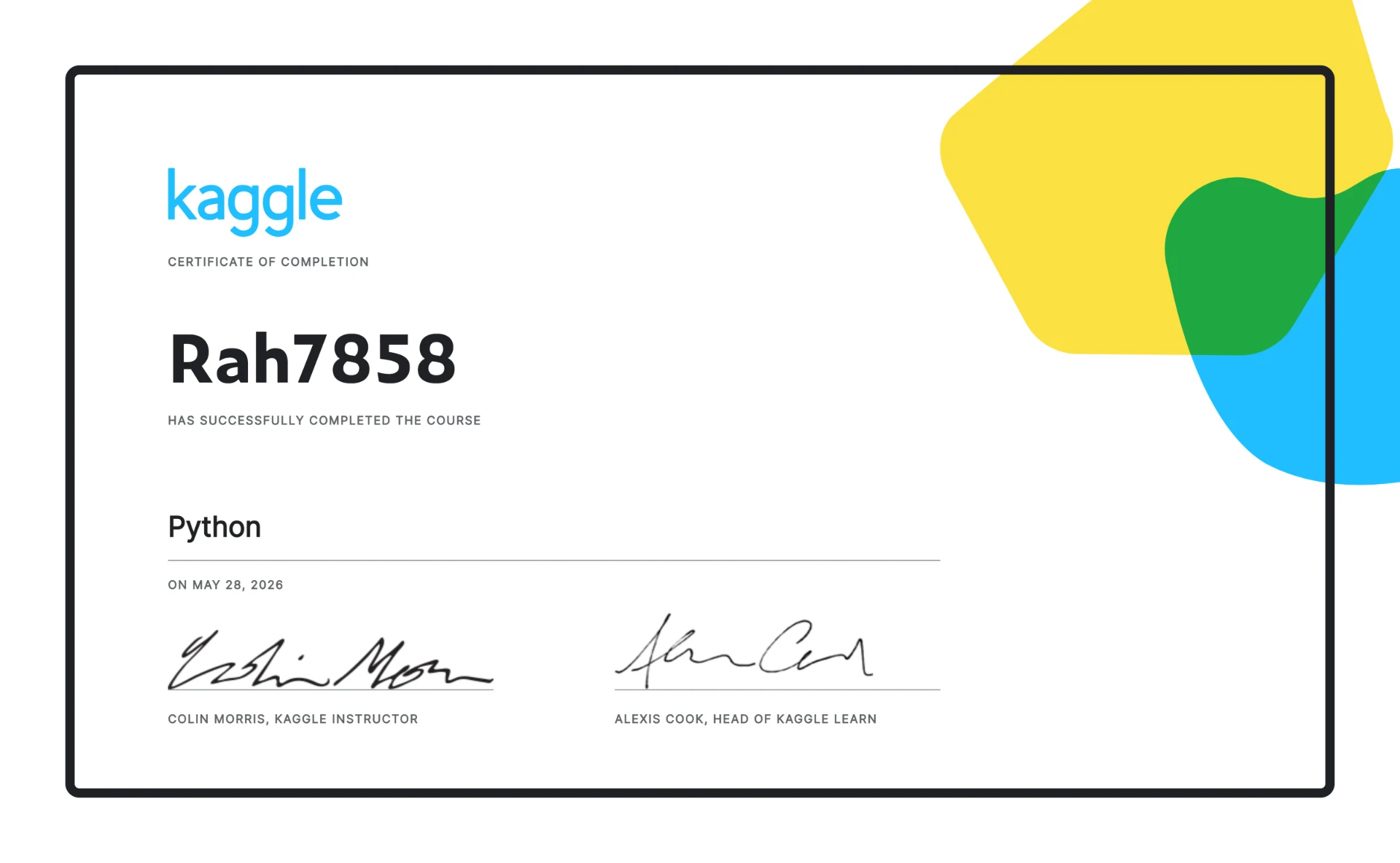 Python certificate earned by Rahul Kumar